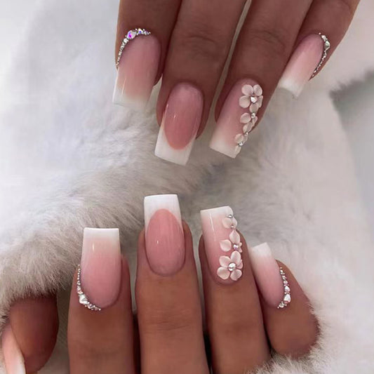 Press on Nails, Romantic Simple French Pure and Seductive Wearing Nail With Diamonds Nail Art Pieces