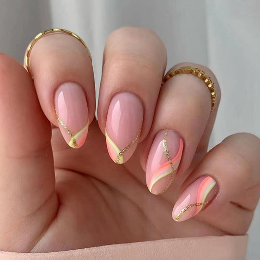 Press on Nails, Apricot-shaped warm color gold powder striped nail