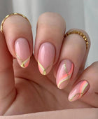 Press on Nails, Apricot-shaped warm color gold powder striped nail