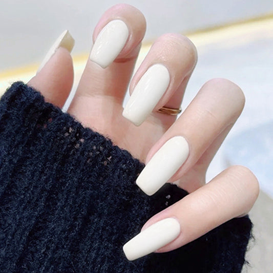 Press on Nails, Cream white minimalist pure color white nail art artificial nails with medium length square nail pieces