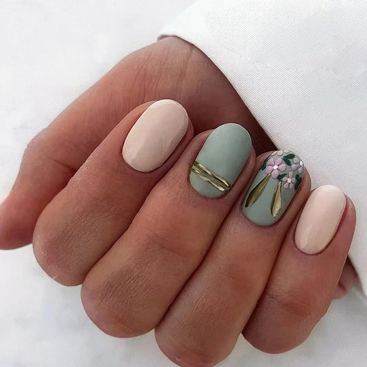 Press on Nails, Trimmed oval green tea-dyed gold line flower suede wearing nail art with European and American fashion movement