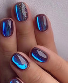 Press on Nails, Short Flashing Aurora Nail Art in Autumn:Dried Red Combined with Galaxy Blue Glitter Nail Art