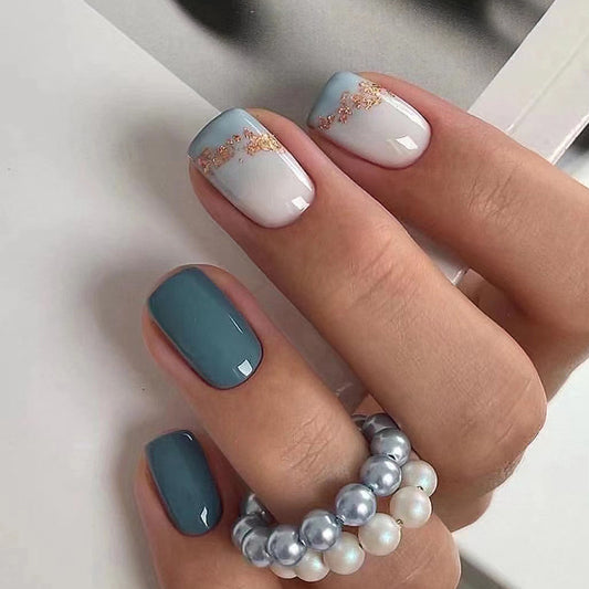 Press on Nails, Clear sea blue pure color nail art European and American square short style false nails wear 24pieces