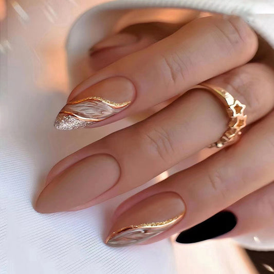 Press on Nails, Medium Winter mood nails with autumn ambiance, highlights of white skin, brown lake smudges, and almond shape nails