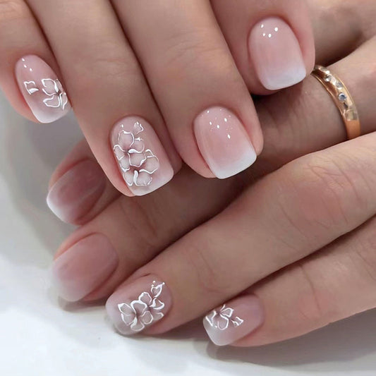 Press on Nails, Short square white flower gentle gradient fairy fashionable, versatile fake nail finished wearing nail