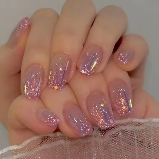 Press on Nail, Short ballet sparkle pink flashing sequin Aurora meteorite imitation fingernail burst berry star wear nails