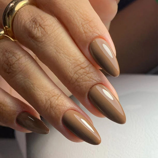 Plain false nails, light brown wearable artificial nails, detachable manicure pieces with simple nail pieces, short almond nail stickers