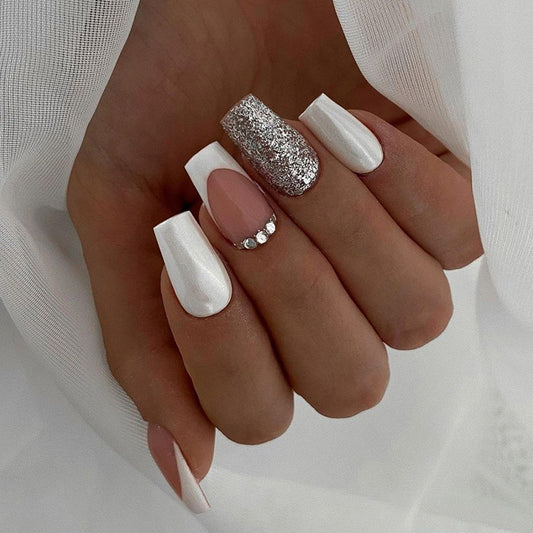 Press on Nails, Long-length European and American ballet dress diamond glitter powder white French artificial nails sweet and cool girl nail art nail wear