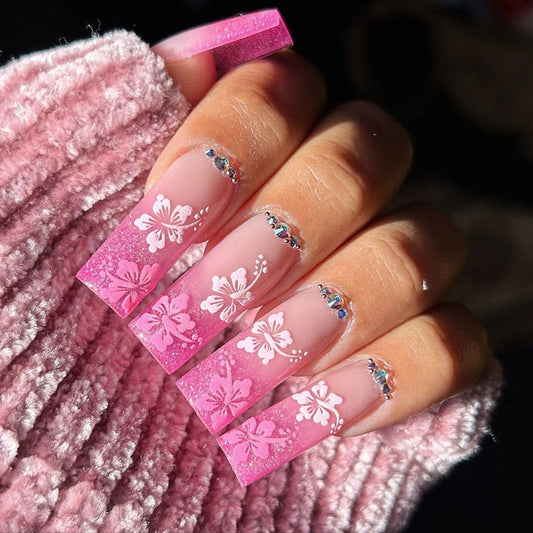 Press on Nails, Explosive pink gradient cherry blossom nail art long nail with European sweet style and ins-inspired diamond 24pcs