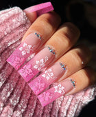 Press on Nails, Explosive pink gradient cherry blossom nail art long nail with European sweet style and ins-inspired diamond 24pcs