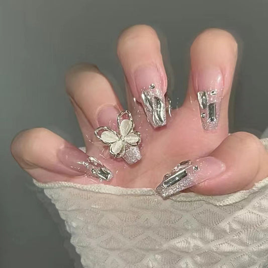 Press on Nails, Burst flash rotating butterfly Long nail art pieces