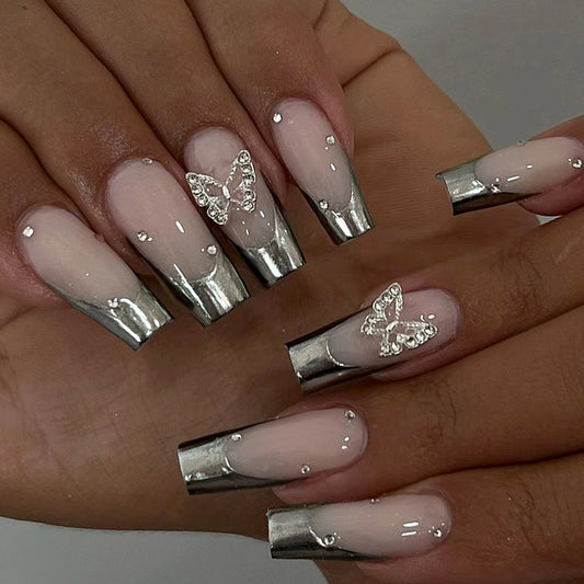 Press on nails, Long ballet suit with metallic gray gradient artistry, French piled diamond butterfly nail art, emotional false nails with wearable nail pieces