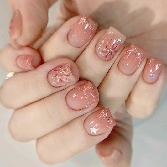 Press on Nails, Blush nail art firework detachable star nails pieces short ballet nail art stickers mini short ladder fake nails pieces