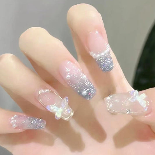 Press on Nails, Pearl Butterfly Wearable Nail Art with Long and Wide Ballet Nails, French-style False Nails, Jewelry-embellished Nails