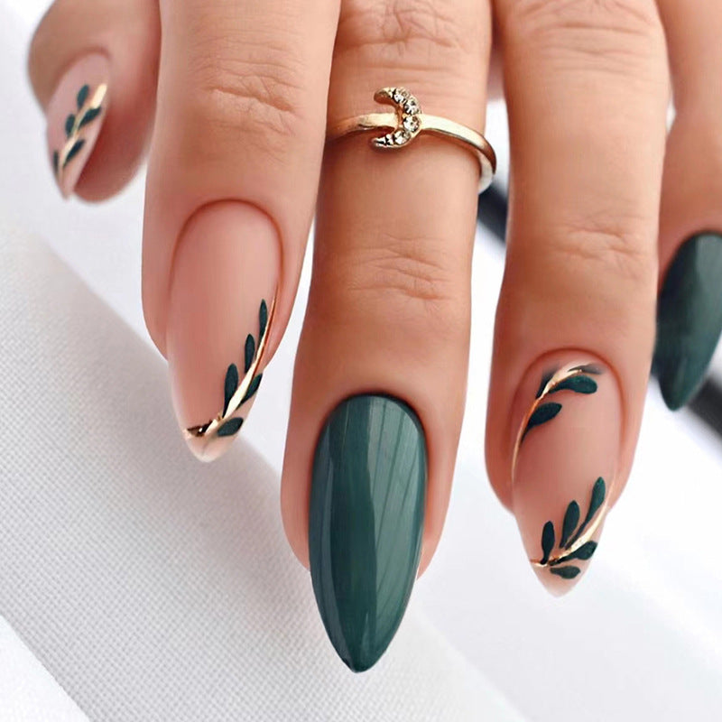 Press on Nails, Sleek and minimalist green leaf nail art with a refreshing and simple design, combined with a smooth and bright color