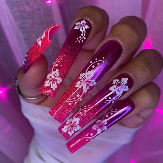 Press on Nails, Powder purple bursting cherry blossom gradient nail art long tube nail style slim and whitening ins style