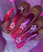 Press on Nails, Powder purple bursting cherry blossom gradient nail art long tube nail style slim and whitening ins style