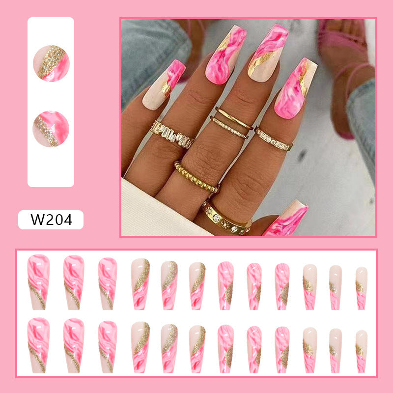 Press on Nails, Long-length ballerina glitter mixed-color splicing flashing gold powder fake nails