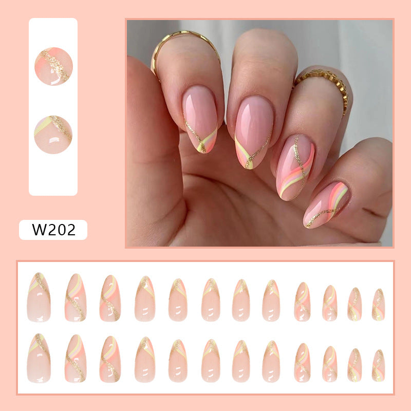 Press on Nails, Apricot-shaped warm color gold powder striped nail