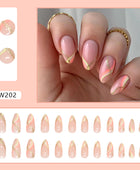 Press on Nails, Apricot-shaped warm color gold powder striped nail