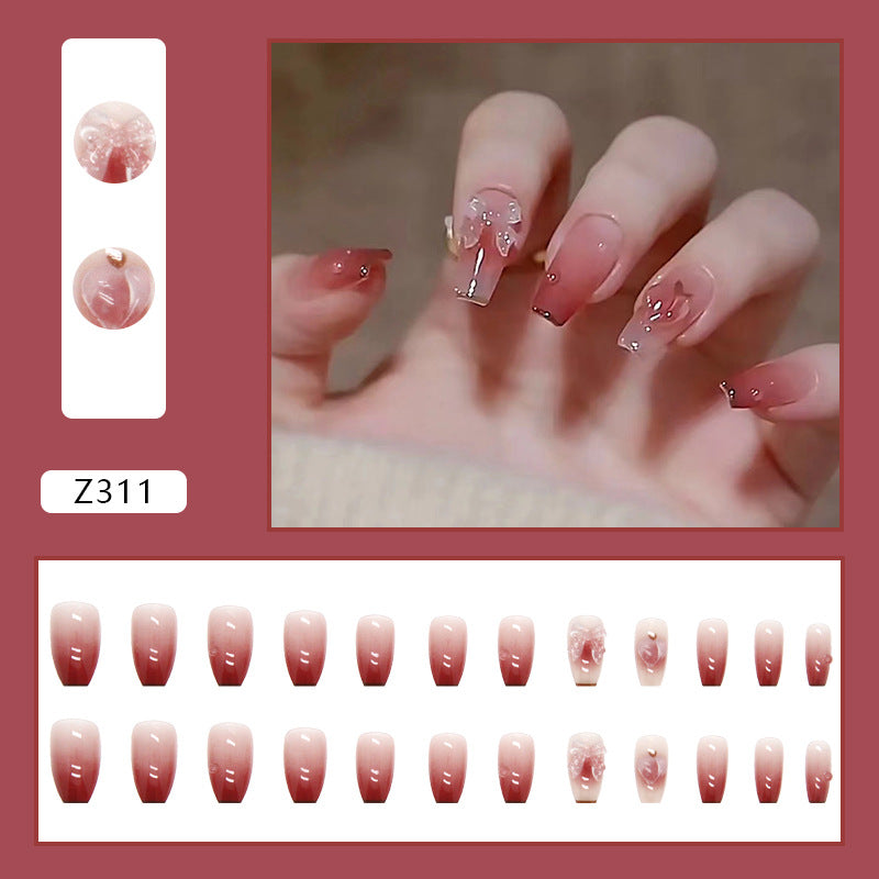 Press on Nails, Gradient nail stickers 24pieces boxed with heart peach butterfly bow color-changing 3Dwearable nails