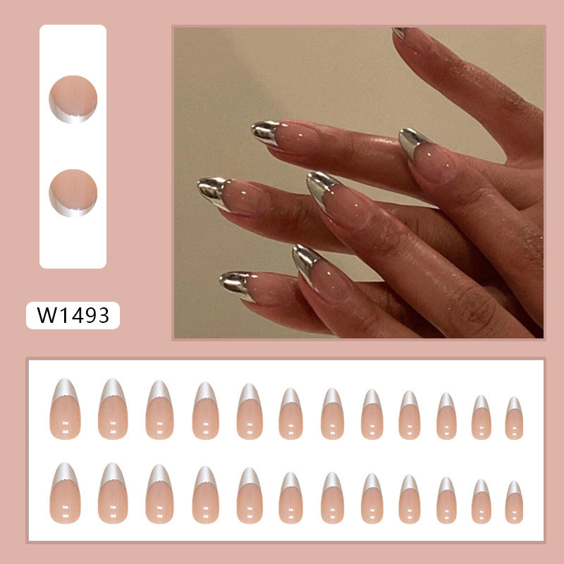 Press on Nails, Silver French manicure nail art with amaranth shape