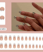 Press on Nails, Silver French manicure nail art with amaranth shape