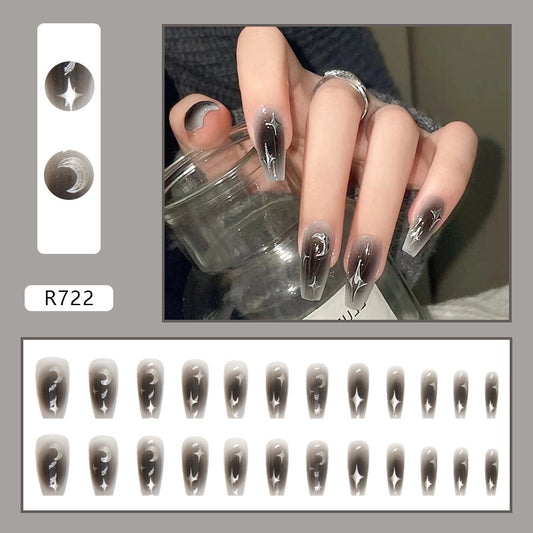 Press on Nails, Dark Sassy wearing nails, ins style, blending silver moon and star nail art