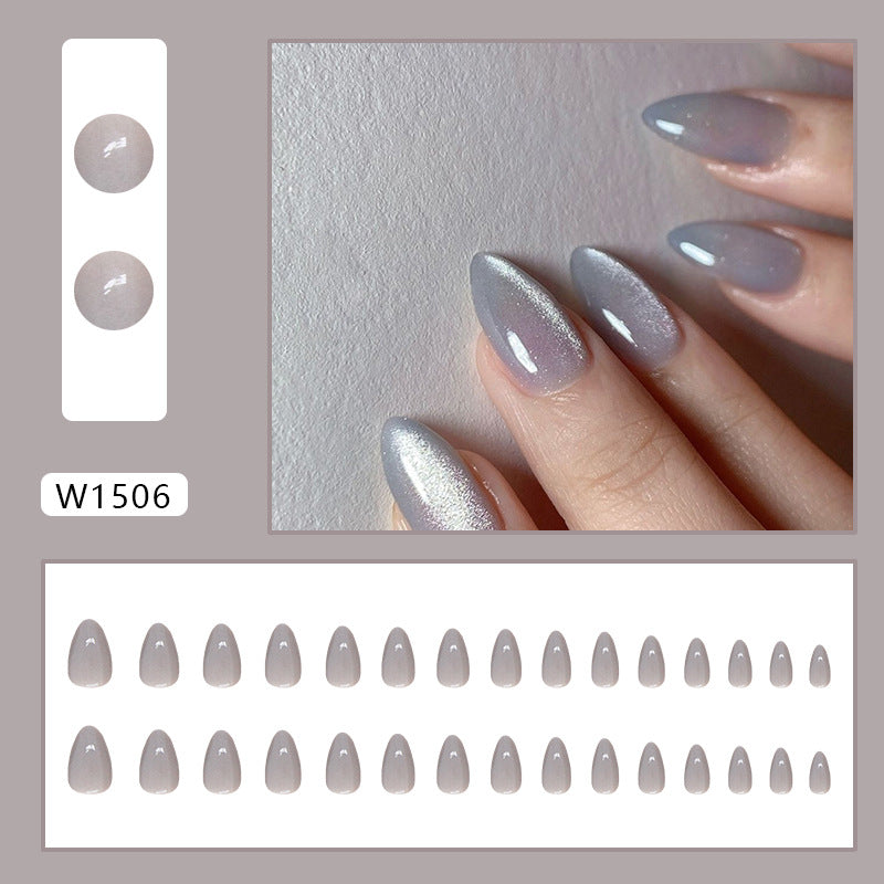 Press on Nails, Purecolor Gray cat-eye false nails, nail art pieces, almond nails, almond-shaped nail art 30pcs