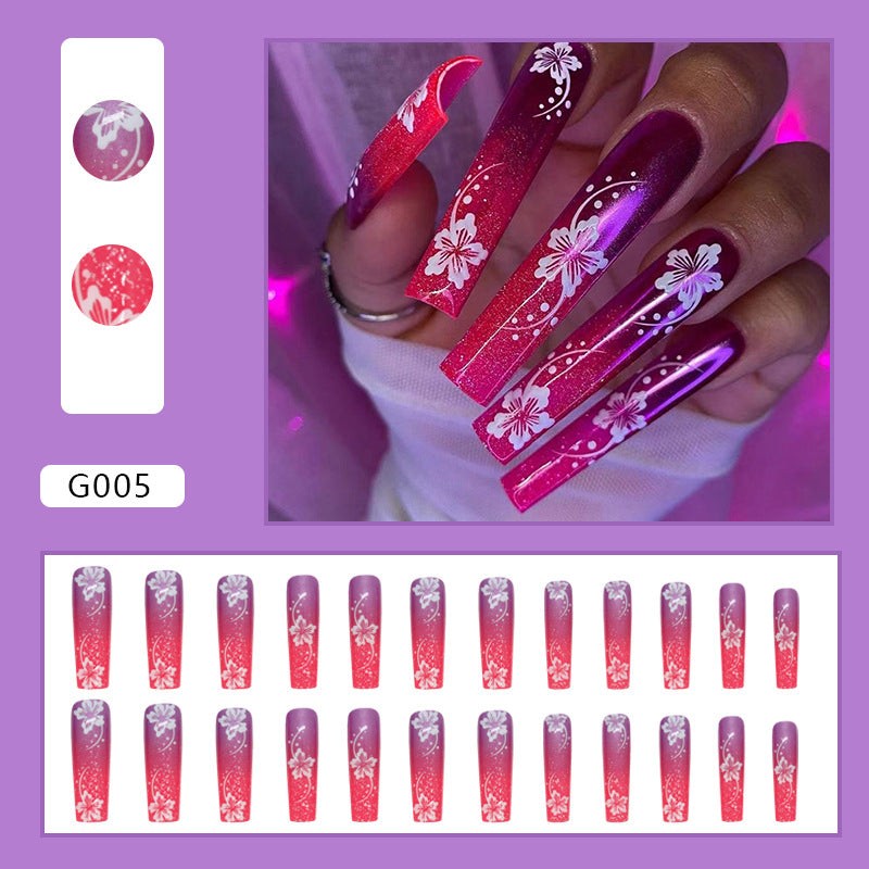 Press on Nails, Powder purple bursting cherry blossom gradient nail art long tube nail style slim and whitening ins style