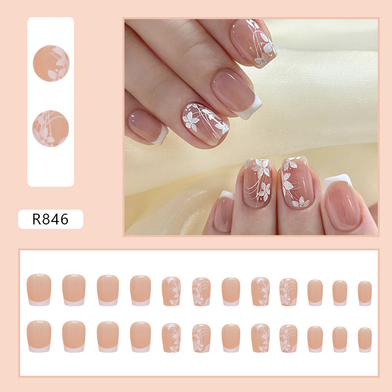 Press on Nails, Simple and minimalist short with pure and alluring appeal, cute and sweet white flower nail art, and cute nail art appliance set