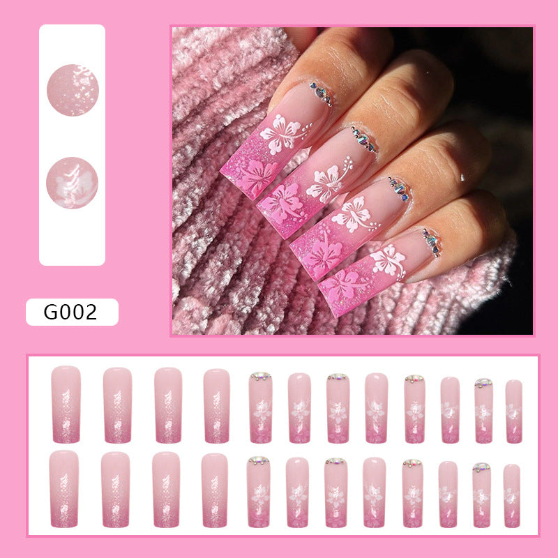 Press on Nails, Explosive pink gradient cherry blossom nail art long nail with European sweet style and ins-inspired diamond 24pcs