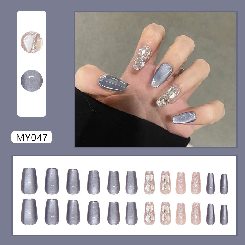 Mix crystal & blue cat eye fake nails, Press on Nail