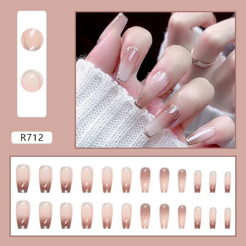 Press on Nails, Autumn and winter gradually changing mocha manicure with gold foil trimming, high-end and atmospheric insulated nails