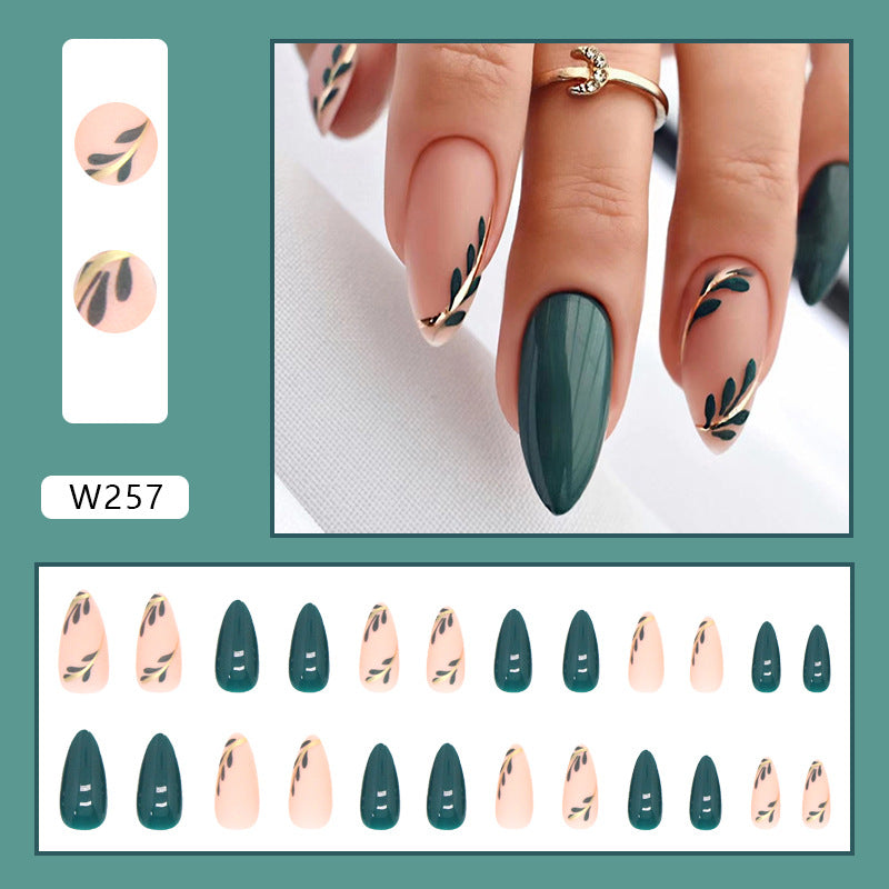 Press on Nails, Sleek and minimalist green leaf nail art with a refreshing and simple design, combined with a smooth and bright color