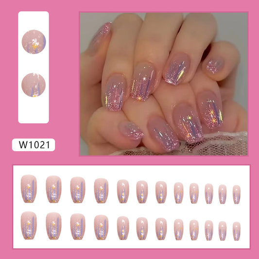 Press on Nail, Short ballet sparkle pink flashing sequin Aurora meteorite imitation fingernail burst berry star wear nails