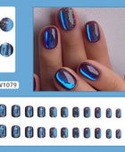 Press on Nails, Short Flashing Aurora Nail Art in Autumn:Dried Red Combined with Galaxy Blue Glitter Nail Art