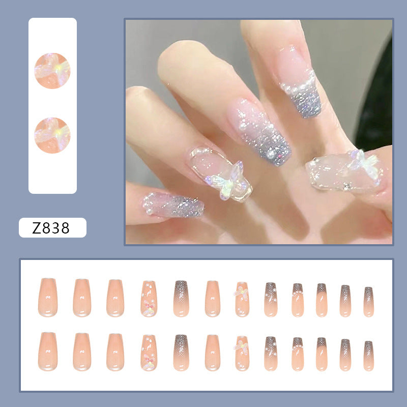 Press on Nails, Pearl Butterfly Wearable Nail Art with Long and Wide Ballet Nails, French-style False Nails, Jewelry-embellished Nails