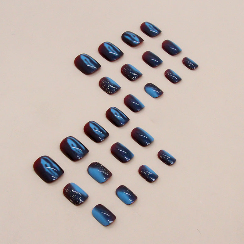 Press on Nails, Short Flashing Aurora Nail Art in Autumn:Dried Red Combined with Galaxy Blue Glitter Nail Art