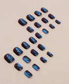 Press on Nails, Short Flashing Aurora Nail Art in Autumn:Dried Red Combined with Galaxy Blue Glitter Nail Art