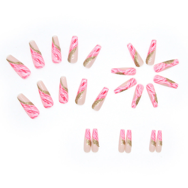 Press on Nails, Long-length ballerina glitter mixed-color splicing flashing gold powder fake nails