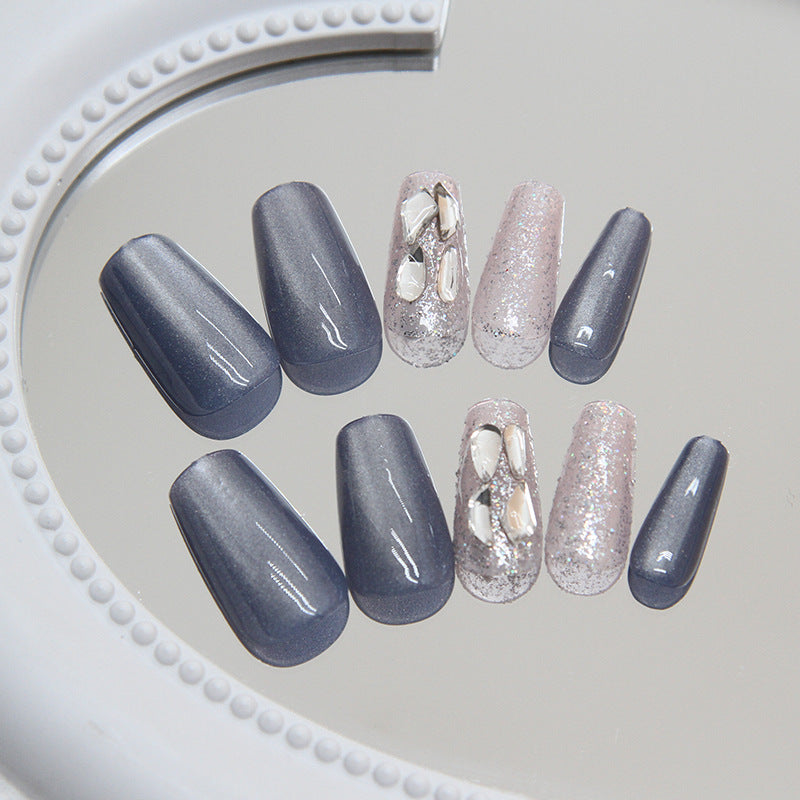 Mix crystal & blue cat eye fake nails, Press on Nail