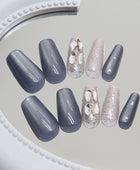 Mix crystal & blue cat eye fake nails, Press on Nail