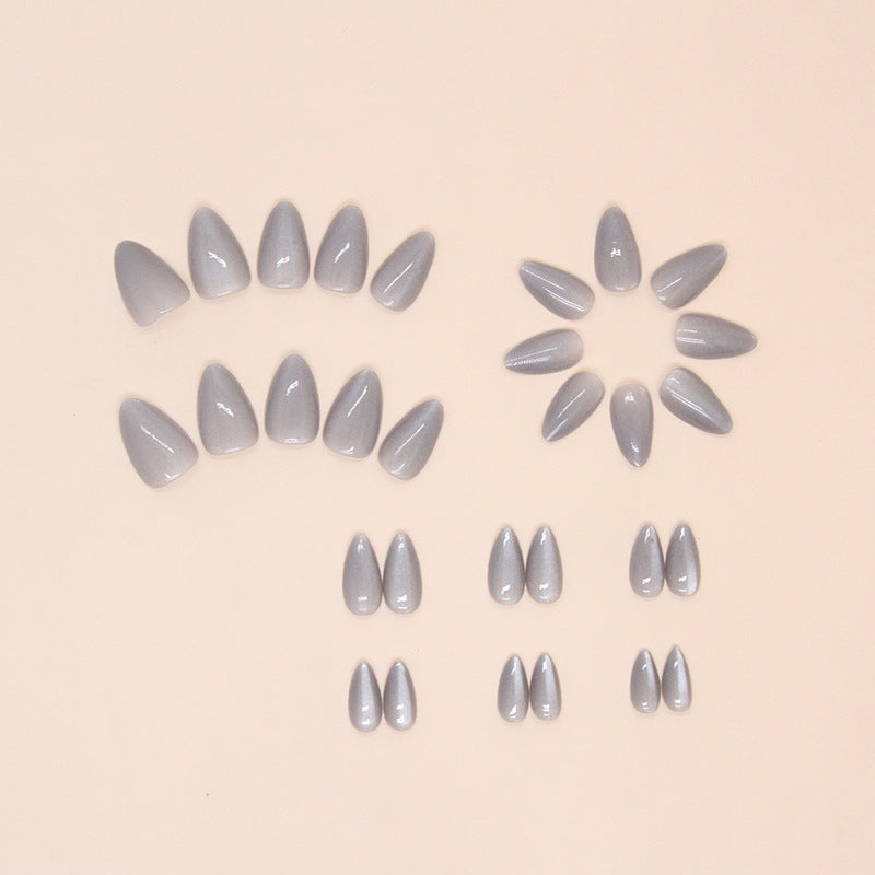 Press on Nails, Purecolor Gray cat-eye false nails, nail art pieces, almond nails, almond-shaped nail art 30pcs