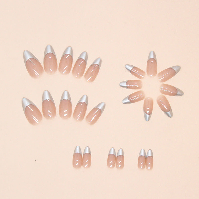 Press on Nails, Silver French manicure nail art with amaranth shape