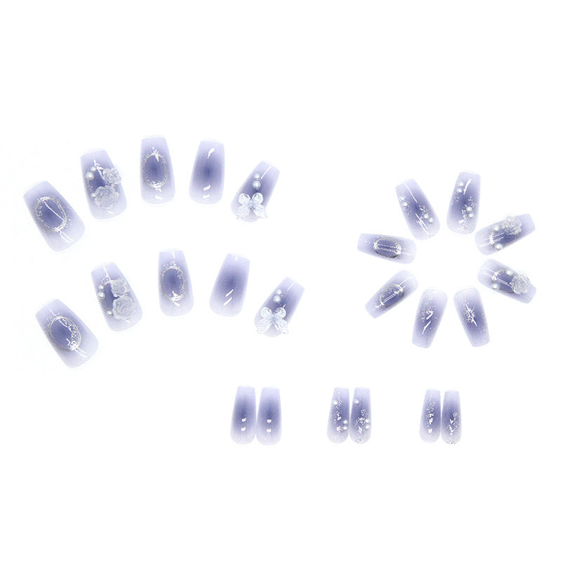 Press on Nails, Purity and charm of a fairy-like aura, wearing a combination of blue-tinted smoky aura butterfly and Camellia flowers on nails