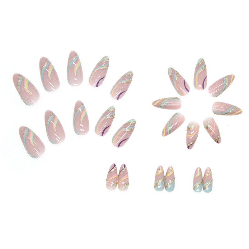 Press on Nails, Multi-color wavy shimmering gold powder ins style false nails