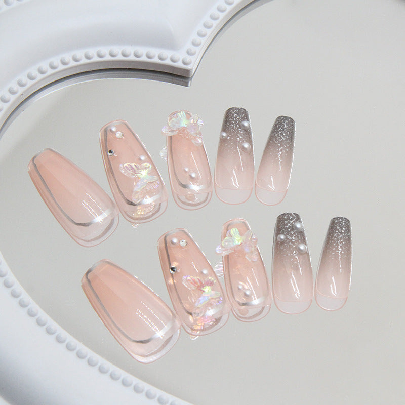 Press on Nails, Pearl Butterfly Wearable Nail Art with Long and Wide Ballet Nails, French-style False Nails, Jewelry-embellished Nails