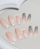 Press on Nails, Pearl Butterfly Wearable Nail Art with Long and Wide Ballet Nails, French-style False Nails, Jewelry-embellished Nails