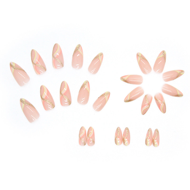 Press on Nails, Apricot-shaped warm color gold powder striped nail